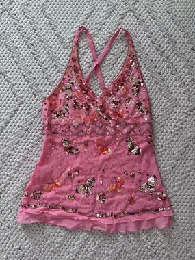 Y2K Silk Bebe Pink Sequin Embellished Tank Top Small